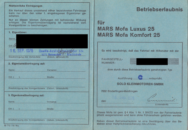 Muster ABE: Mars Mofa Luxus 25 und Mars Mofa Komfort 25 – 1976
